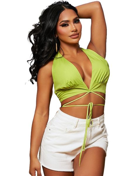 

sxy solid wrap tie backless crop halter s3pm#, White