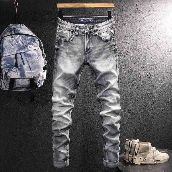 

men's jeans fashionable men's jeans worn out grey washed street fashion slim fitting micro elastic small straight jeans jzp4, Blue
