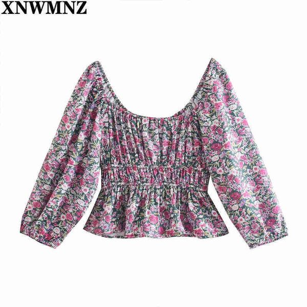 

xnwmnz women fashion printing blouse womens cropped summer square collar puff sleeve sweet short sleeves shirt 210513, White