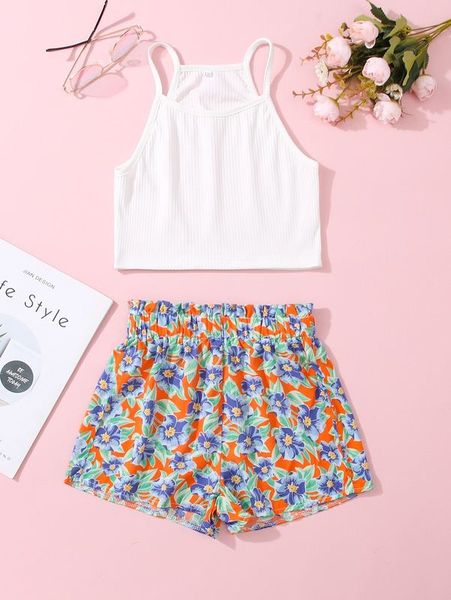 

girls' suspender and allover printed paper bag waist shorts she, White