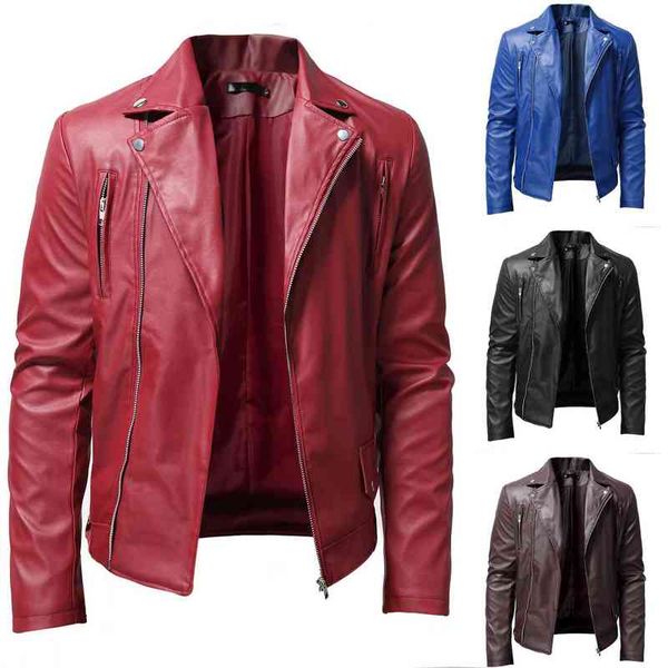 

2022 spring autumn lapel men's leather jacket fashion casual coat male asymmetric zip leather jackets pu motorcycle jacket t220728, Black
