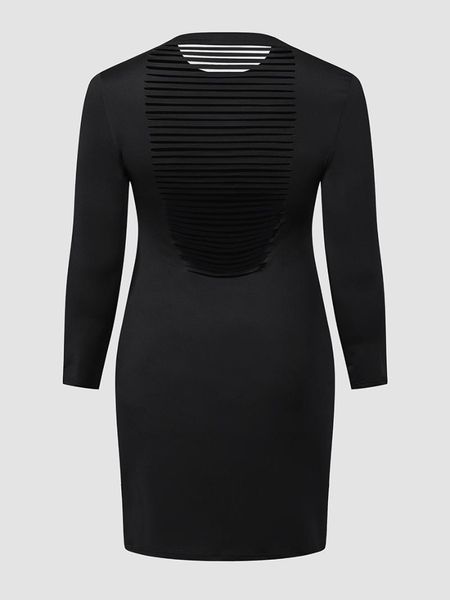 Plus-Size-Kleider Finjani Damen-Kleid mit Ausschnitt hinten, gestreift, schwarz, langärmelig, elegant, eng anliegend, Wickel-MidikleidPlus