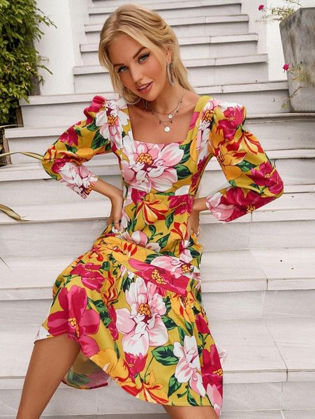 

floral print square neck ruffle hem dress d7wd#, Black;gray