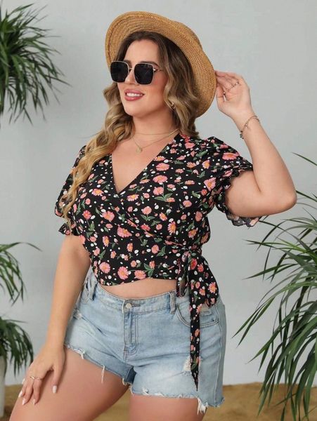 

plus floral print wrap puff sleeve blouse 88u7#, Black