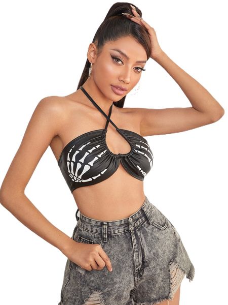 

petite skeleton hand print criss cross tie backless crop halter s5od#, White