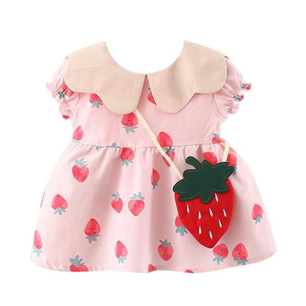 Vestidos de menina verão bebê bebê coreano colarinho fofo de manga curta estampa de algodão morango rosa saco de vestido de princesa nascida roupas bc2096girl's