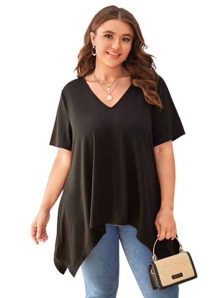 

plus v neck asymmetrical hem tee s9s1#, Black