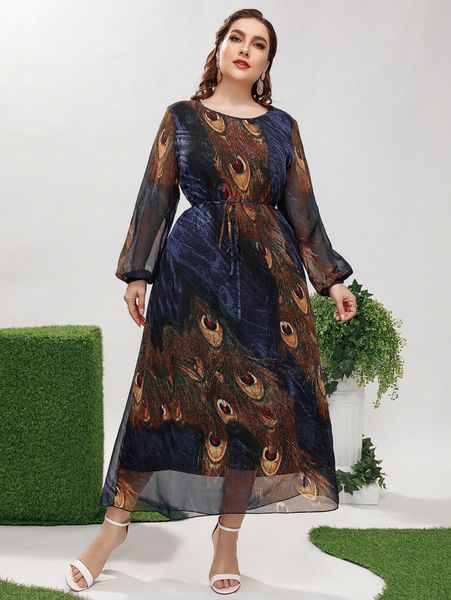 

plus colorblock bishop sleeve belted chiffon dress w2tn#, Black