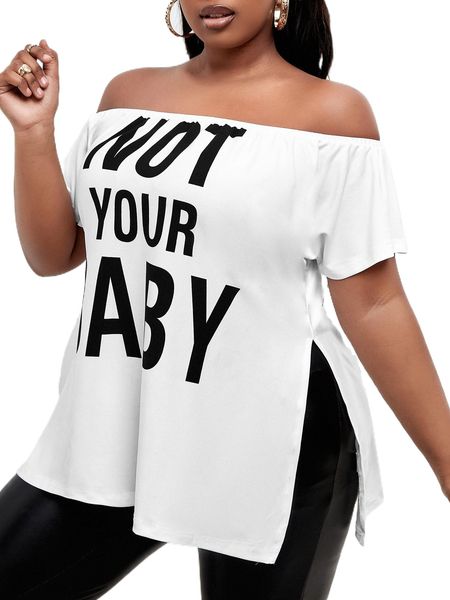 

sxy plus slogan graphic off shoulder split hem tee i7ws#, Black