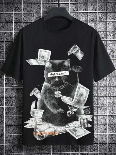 

men cat & letter graphic tee 365t#, White;black