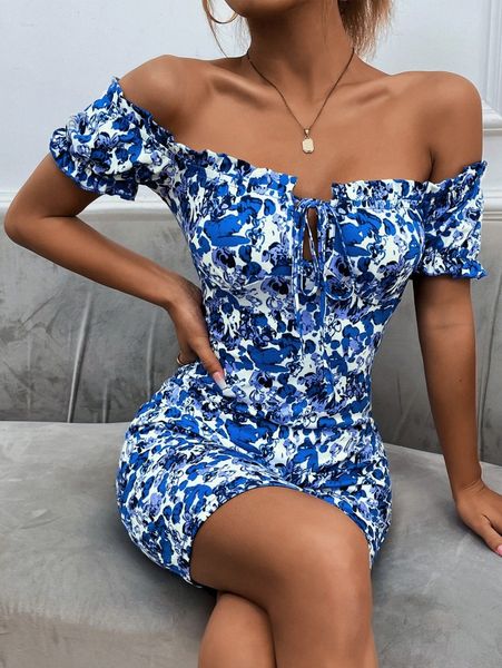 

floral print off shoulder frill trim knot front bodycon dress n7n5#, Black;gray