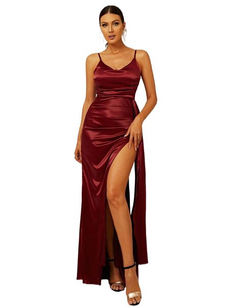 

missord ruched split thigh side draped satin formal dress f7fr#, Black;gray
