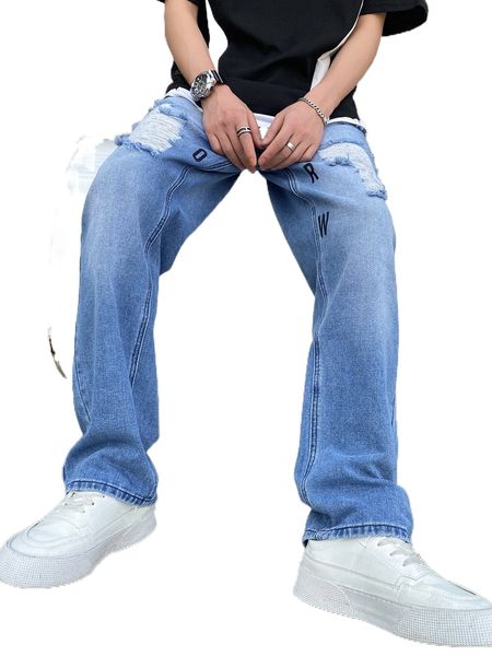 

men letter graphic ripped straight leg jeans a7hd#, Blue