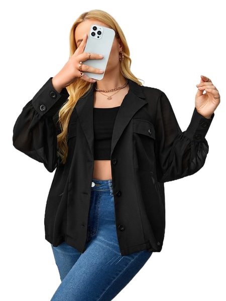 

plus flap pocket lantern sleeve blouse a6af#, Black