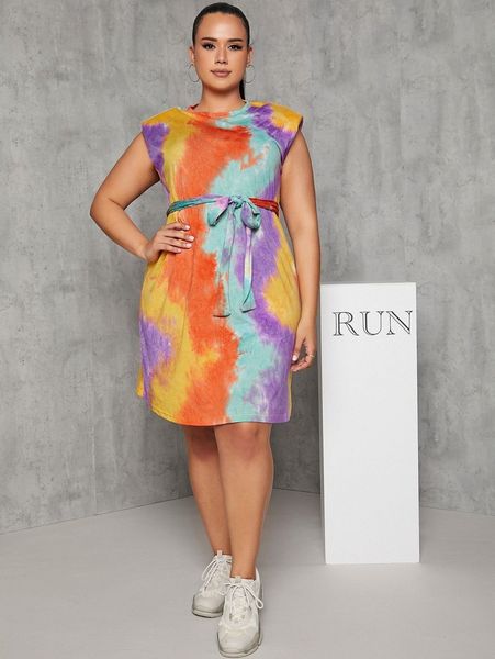

plus tie dye shoulder pad belted dress 436c#, Black