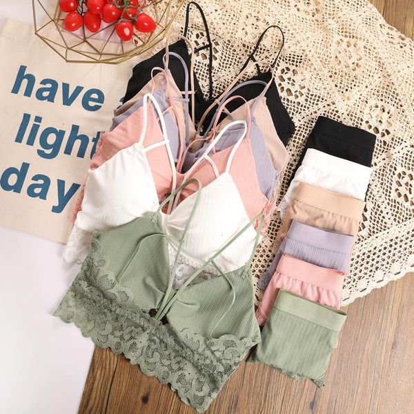 

chrleisure lace bra set 2pcs ladies women backless underwear v-neck brassiere wireless bralette panties suit, Red;black