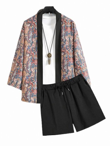 

men paisley print kimono & shorts without tee p6xr#, Gray