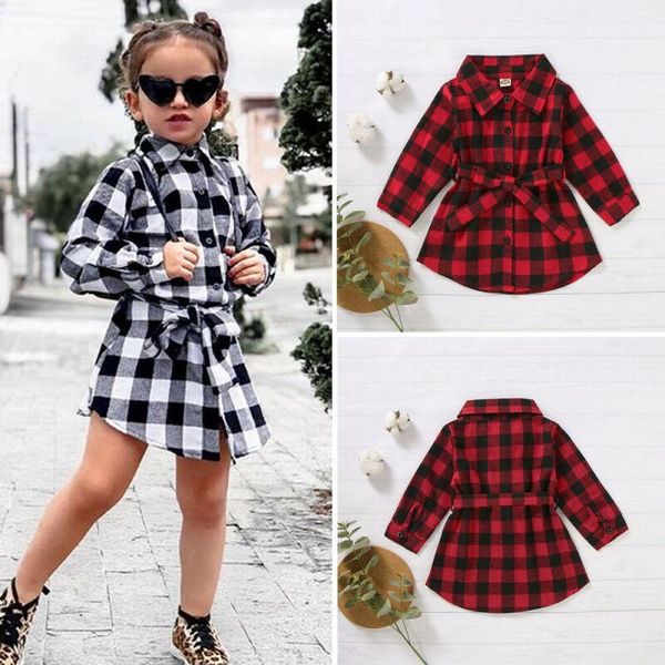 Mädchen Kleider Kinder Baby Mädchen Rot Plaids Hemd Kleid Weihnachten Kleidung Party Langarm Bund Mini Kind Baumwolle Weihnachten 1-5YGirl's