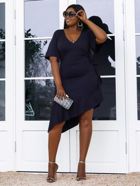 

seomiscky plus plunging neck asymmetrical ruffle hem dress 49e0#, Black