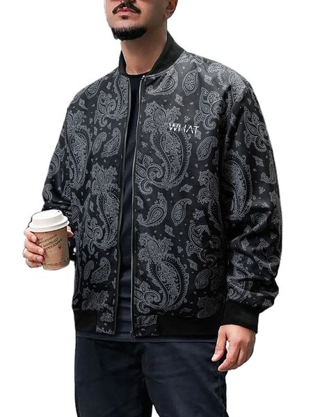 

men paisley & letter graphic bomber jacket i76s#, Black;brown