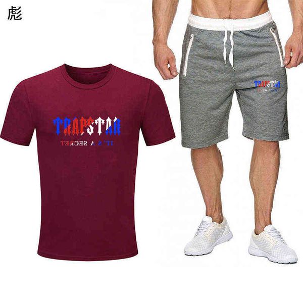 

2022 trapstar trendy lettered men's casual cotton t-shirt white waist shorts two piece set 6s1s1, Gray