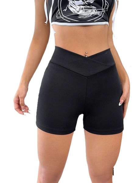 

asymmetrical waist solid biker shorts w8rj#, White;black