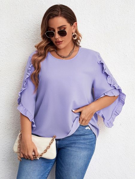 

plus ruffle trim petal sleeve blouse 60hq#, Black