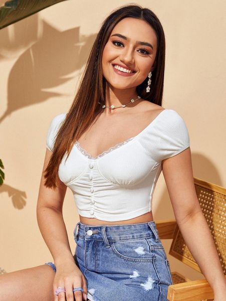 

button front lace trim crop tee y5hi#, White