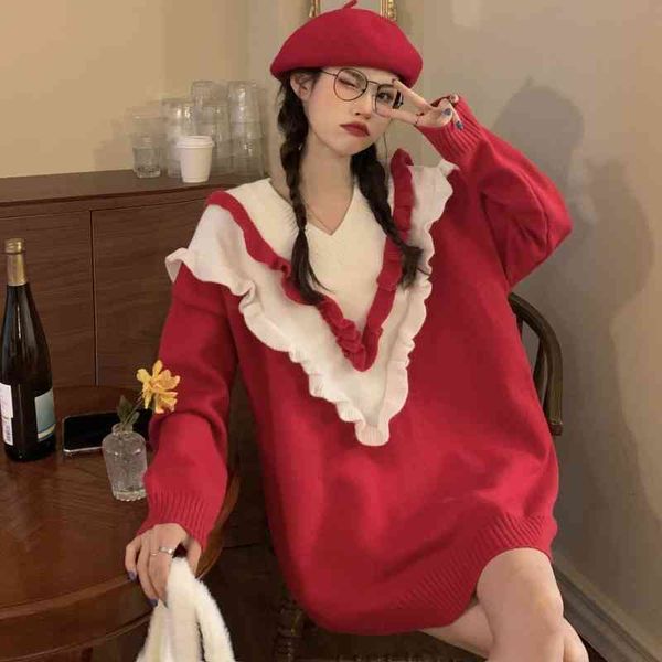 

women's sweaters autumn and winter christmas ruffle color matching sweater women's year's red loose college style fashion foc, White;black