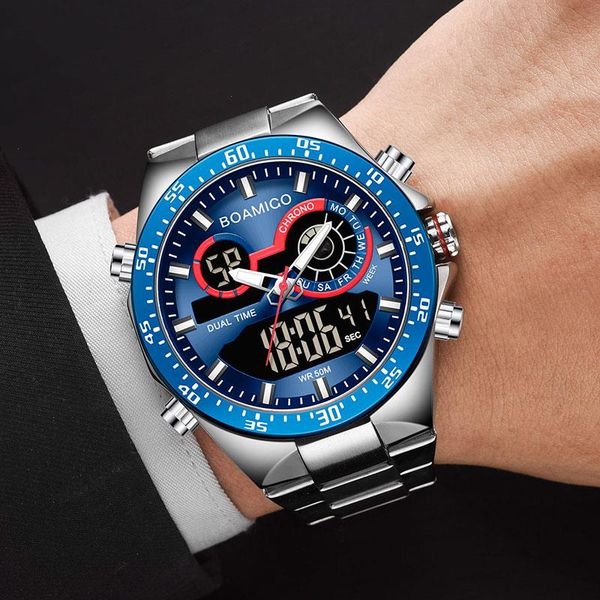 Fashion Mens sieht Edelstahl -Top -Marke Luxus Sport Digital Analog Blue Quartz Watch for Men Mann