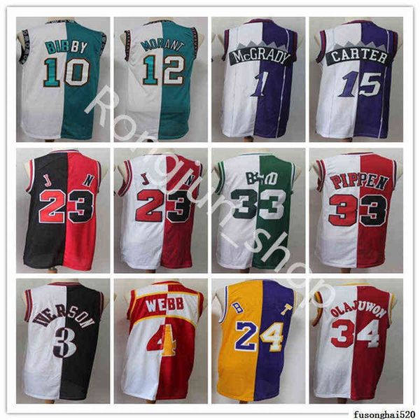 

split two colors basketball jersey allen iverson scottie pippen hakeem olajuwon tracy mcgrady vince carter mike spud bibby webb ja morant