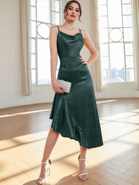 

jacquard draped ruffle trim asymmetrical hem satin prom dress b3a0#, Black;gray