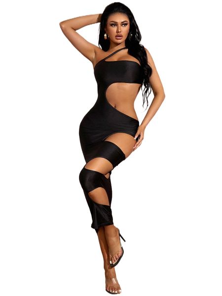

sxy one shoulder ladder cut out bodycon dress m8tn#, Black;gray