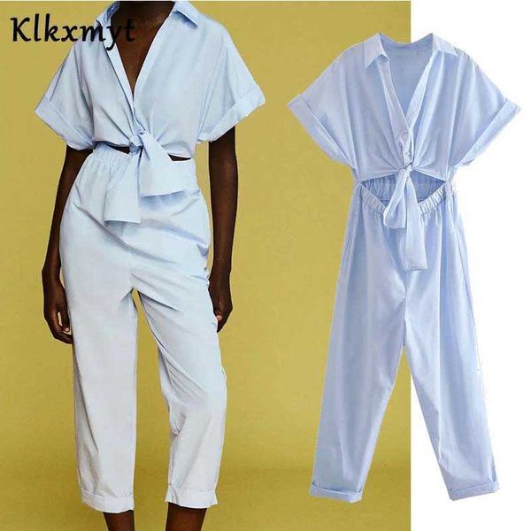 Klkxmyt Za Frauen Knoten Dekoration Popeline Einfarbig V-ausschnitt Overalls Chic Damen Kurzarm Casual Business Strampler 210527