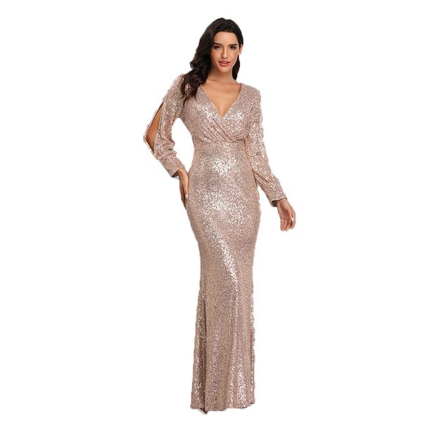 

casual dresses wepbel women dinner dress long sleeve v-neck sequins fishtail evening gown maxi high waist bodycon formal vestidos, Black;gray