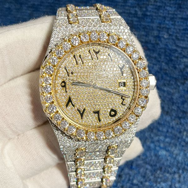 

2022 new version moissanite stones watch gold&silver pass test mens diamonds mechanical eta movement luxury full iced out 2-tone shiny watch, Slivery;brown