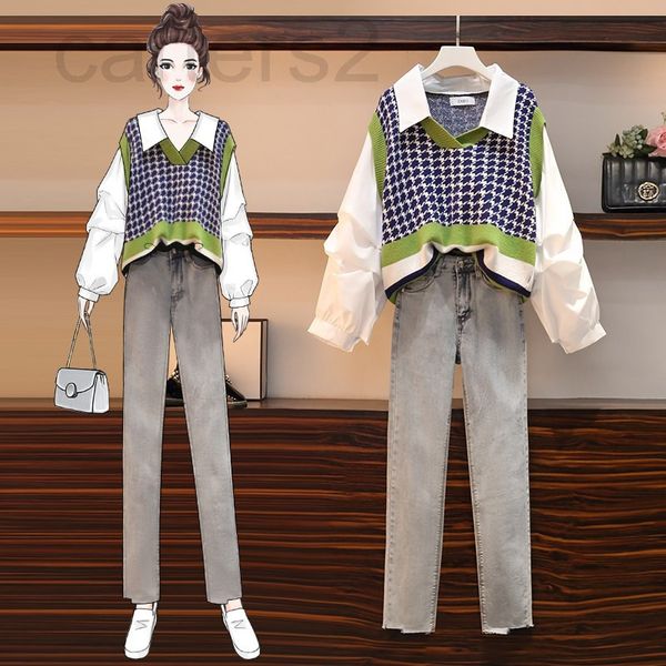 

two piece dress designer large women's clothes autumn and winter 2021 new slightly fat sister slim loose sweater jeans suit fashion dg1, White