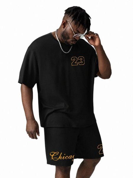 

extended sizes men letter graphic tee & shorts k4p0#, Gray