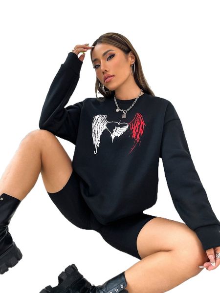 

heart & wings print drop shoulder pullover c9yh#, Black