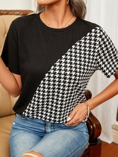 

houndstooth print round neck tee 75oj#, White