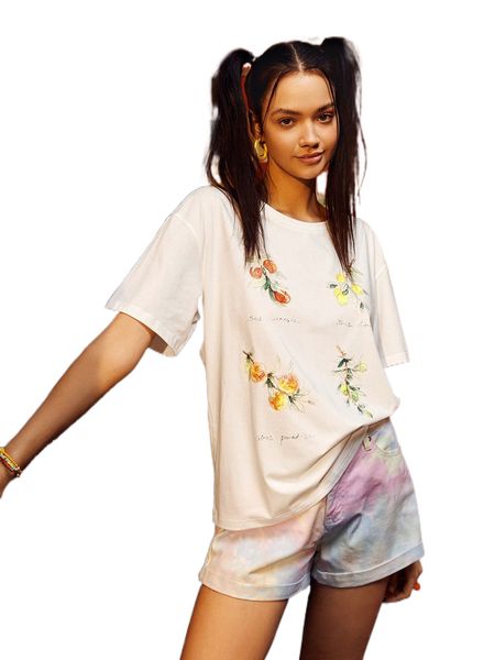 

x melocotonki letter & floral print tee v98f#, White