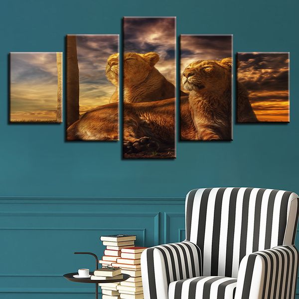 Tela modulare Stampe HD Poster Decorazioni per la casa Immagini di arte della parete 5 pezzi Leone animale Arte Paesaggio Dipinti di paesaggi Senza cornice