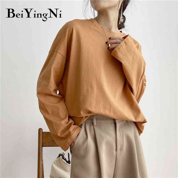 

oversized tshirt women casual loose vintage cotton autumn harajuku female basic solid korean long sleeve t shirt 210427, White
