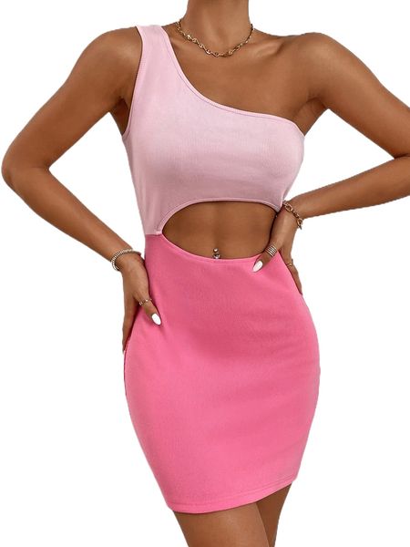 

colorblock cut out waist one shoulder bodycon dress 53wz#, Black;gray