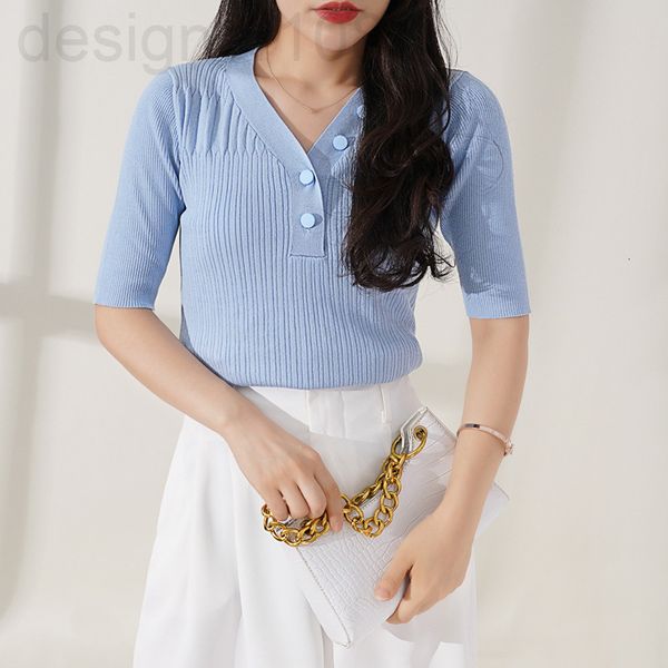 

women's knits & tees designer []new button v-neck slim knit shirt medium sleeve temperament solid color pullover bottomed summer women, White