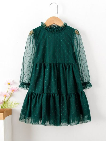 

little girl's ruffle sleeve ruffle edge polka dot mesh dress she, Red;yellow