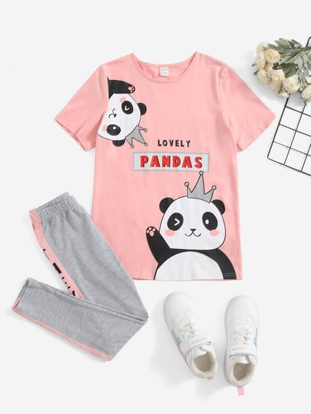 

girls letter & panda print tee & letter tape side leggings she, White