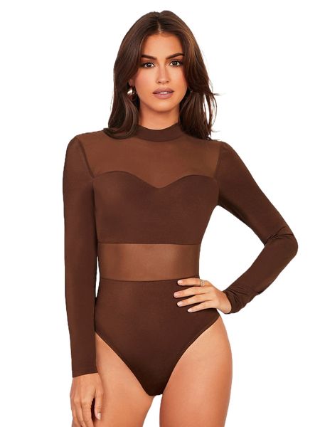 

contrast mesh mock neck bodysuit i3yt#, White