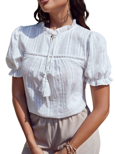 

puff sleeve frilled tassel tie neck blouse m8re#, White