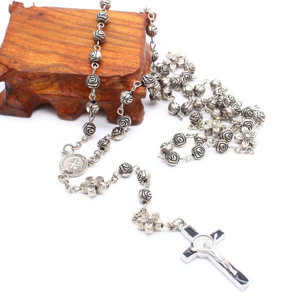 

metal rose rosary necklace cross necklace religious gift gifts, Silver
